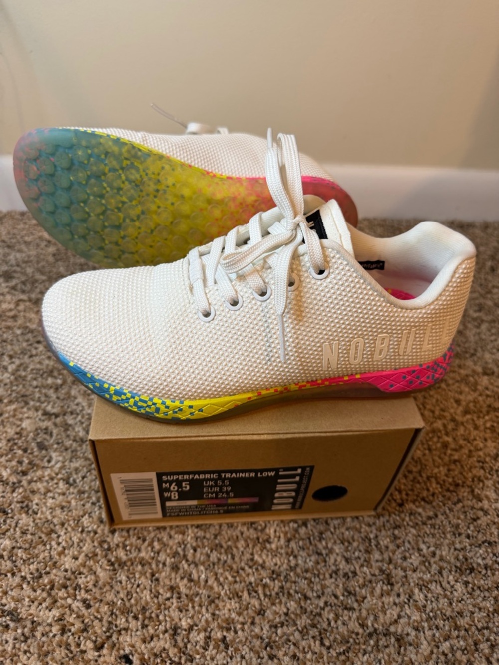 NOBULL White Womens 8 Trainer with Rainbow Gradient Sole